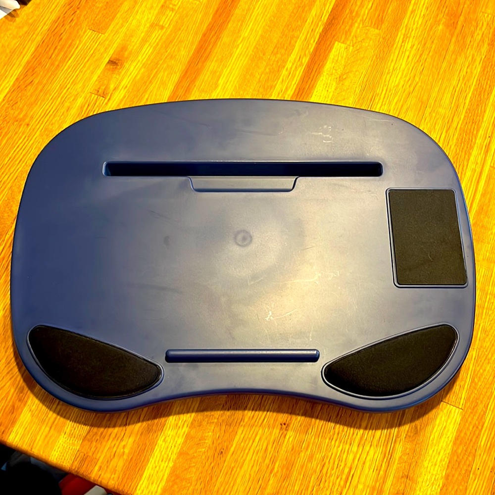 Laptop pillow desk, blue.  Lightweight with carry handle.